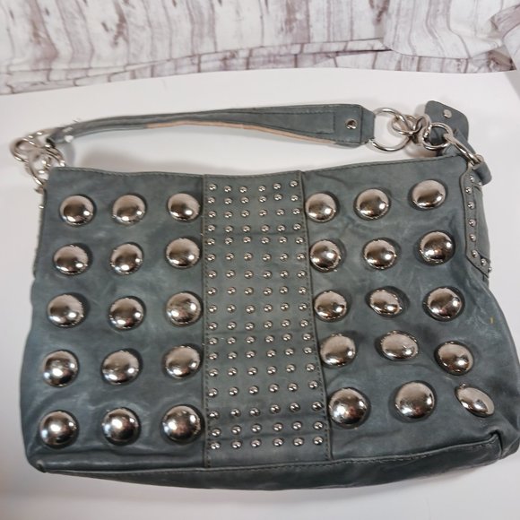 Hananel Gunmetal Gray Silver Studded Shoulder Bag Purse - Picture 2 of 8